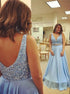 Two Piece A Line Light Blue Chiffon V Neck Prom Dress with Beading LBQ0029